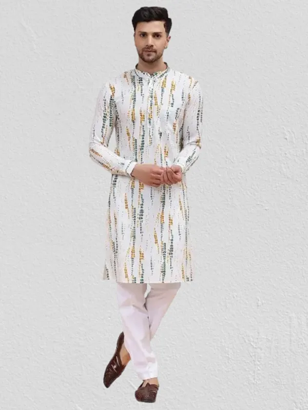 Men_White_&_Mustard_Pure_Cotton_Printed_Staright_Kurta
