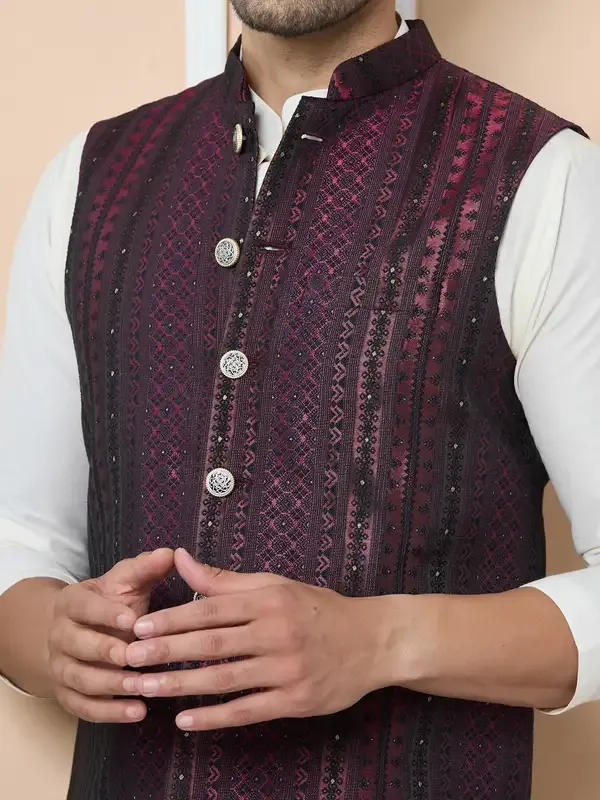 Maroon_Woven_Jacquard_Nehru_Jacket_With_Solid_Kurta-Pyjama_(3_Piece_Set)