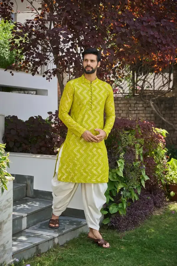 Lime_Green_Sequins_Woven_Designs_Kurta_With_Patiala_Salwar