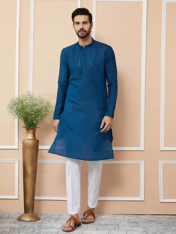 Navy_Blue_Embroidered_Chanderi_Silk_Straight_Kurta_With_Pyjama