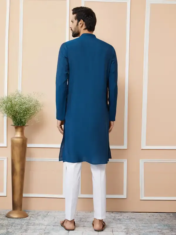 Navy_Blue_Embroidered_Chanderi_Silk_Straight_Kurta_With_Pyjama