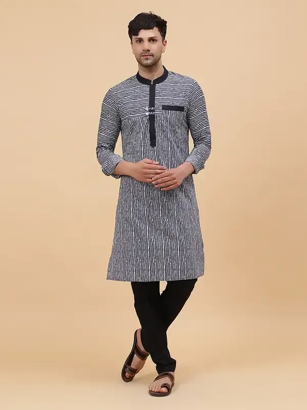 Men_Black_&_White_Pure_Cotton_Thread_Work_Staright_Kurta_With_Pajama