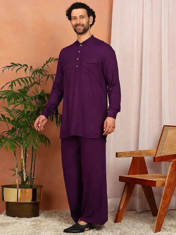 Men'S_Purple_Viscose_Rayon_Solid_Pathani_Set
