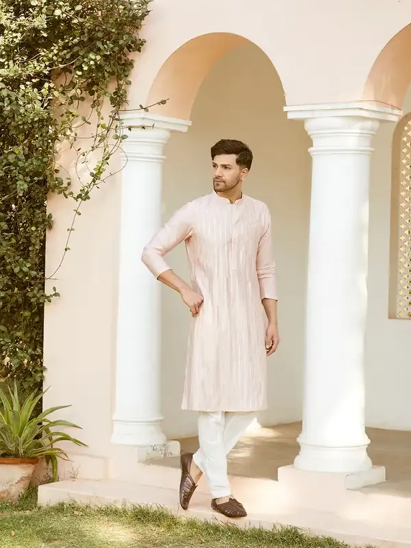 Men_Pink_And_Gold_Chanderi_Silk_Sequins_Kurta_With_Pyjama
