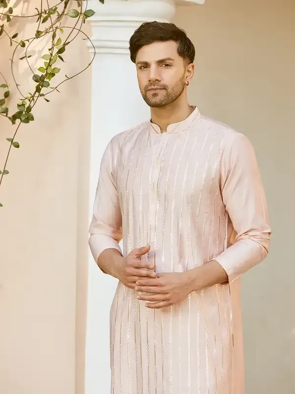 Men_Pink_And_Gold_Chanderi_Silk_Sequins_Kurta_With_Pyjama