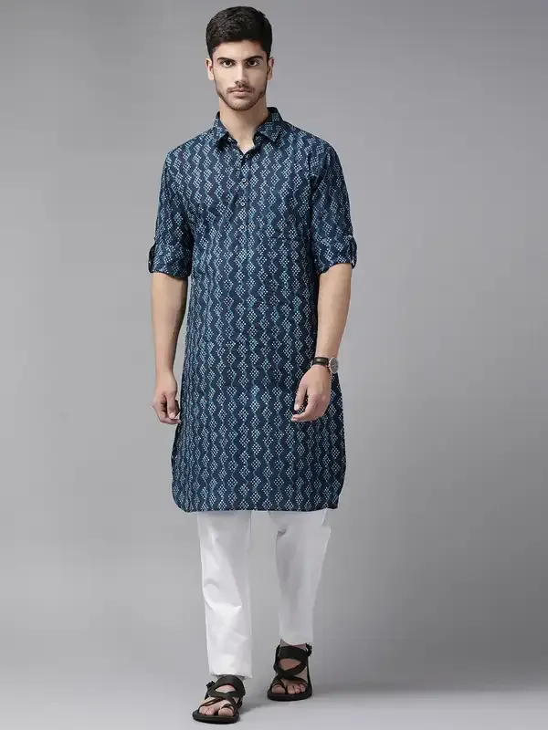 Men_Indigo_Regular_Pure_Cotton_Pathani_Printed_Men'S_Kurta_With_White_Salwar
