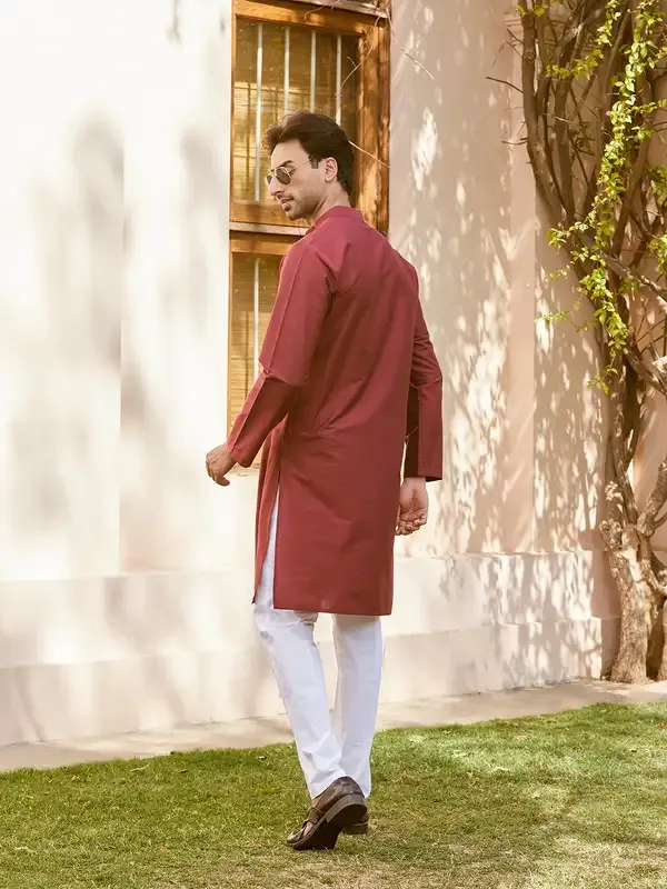 Men_Maroon_Cotton_Silk_Pintex_Yock_Design_Kurta_With_Pyjama