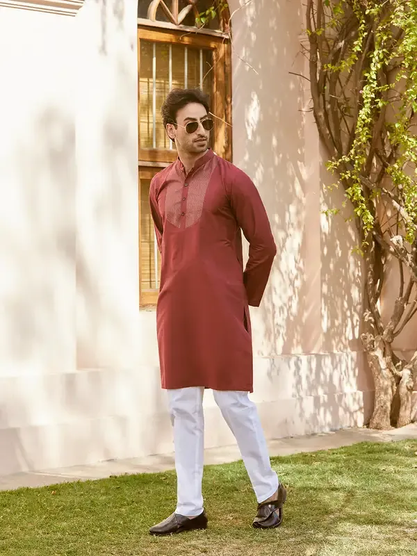 Men_Maroon_Cotton_Silk_Pintex_Yock_Design_Kurta_With_Pyjama