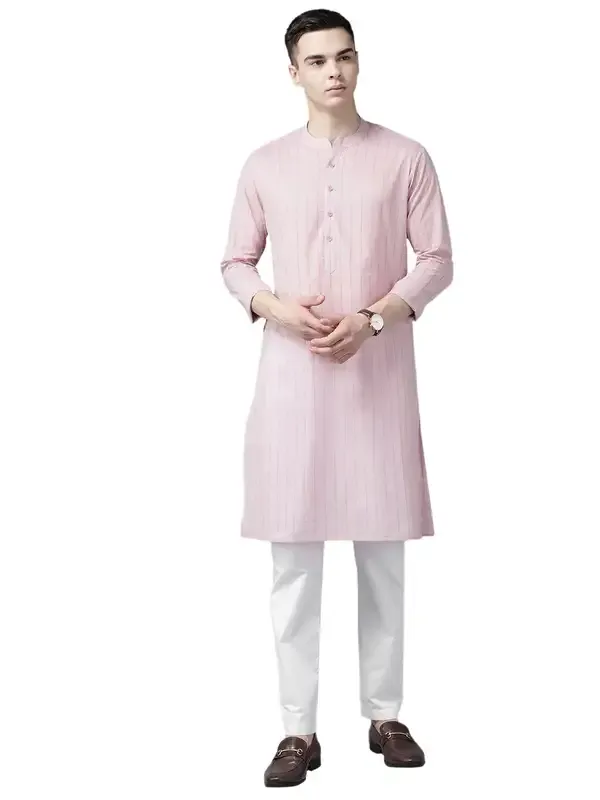 Men_Pink_&_Maroon_Stripe_Printed_Straight_Kurta_With_Pyjama