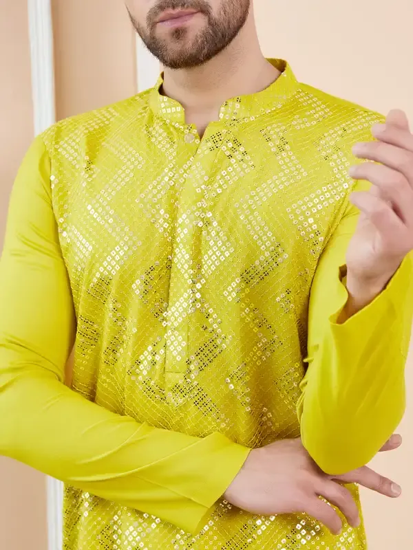 Men_Lime_Green_And_Gold_Rayon_Embroidery_Sequins_Kurta_With_Pyjama