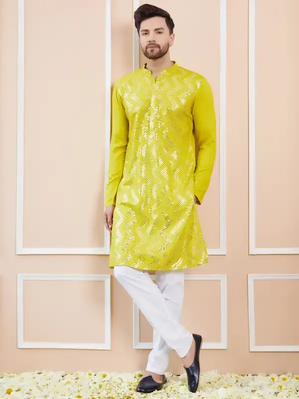 Men_Lime_Green_And_Gold_Rayon_Embroidery_Sequins_Kurta_With_Pyjama