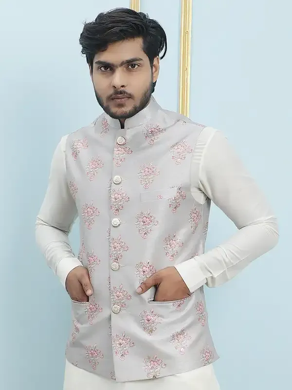 Men_Off_White_Kurta_Pajama_And_Grey_And_Pink_Sequence_Woven_Design_Nehru_Jacket