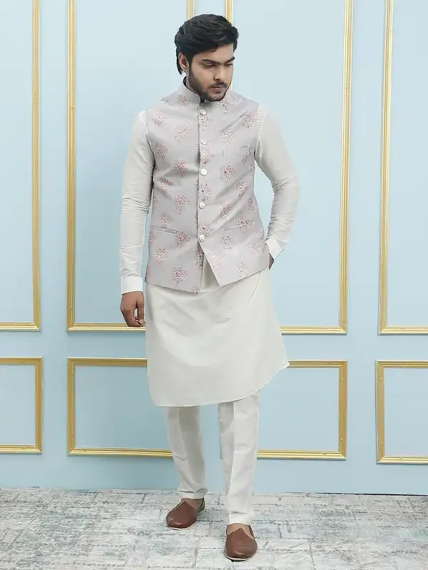 Men_Off_White_Kurta_Pajama_And_Grey_And_Pink_Sequence_Woven_Design_Nehru_Jacket