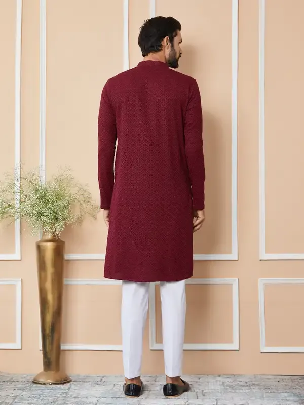 Maroon_Embroidered_Chikankari_Rayon_Straight_Kurta_With_Pyjama