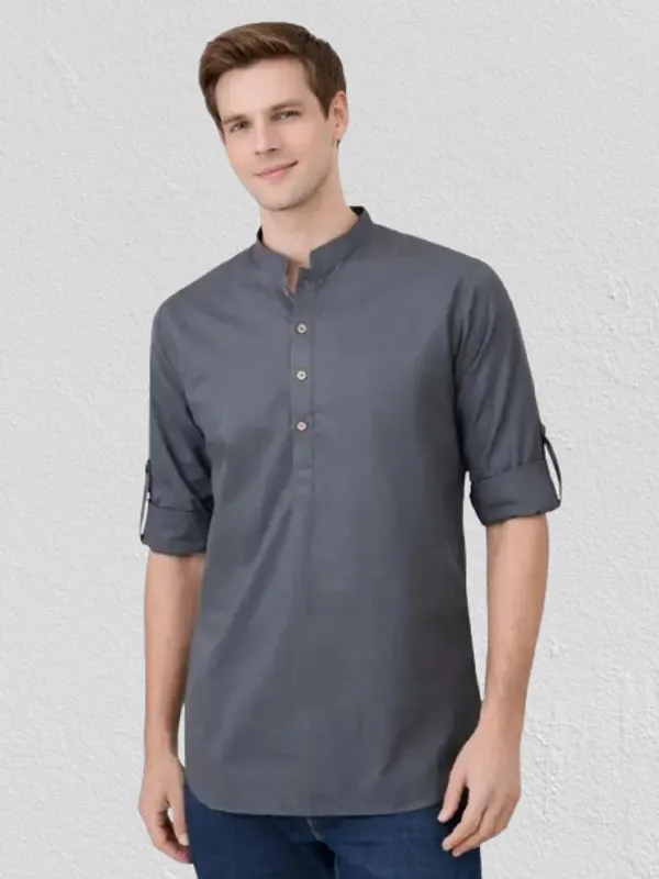 See_Designs_Men'S_Roll-Up_Sleeve_Mandarin_Collar_Dark_Gray_Solid_Cotton_Short_Kurta_-_Sddkt2986Xl