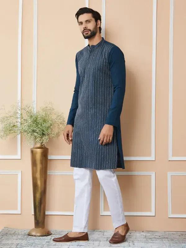 Dark_Blue_Thread_&_Sequin_Worked_Pure_Cotton_Straight_Kurta_With_Pyjama