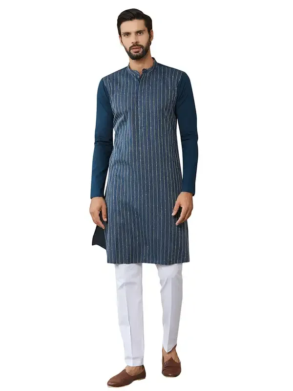 Dark_Blue_Thread_&_Sequin_Worked_Pure_Cotton_Straight_Kurta_With_Pyjama