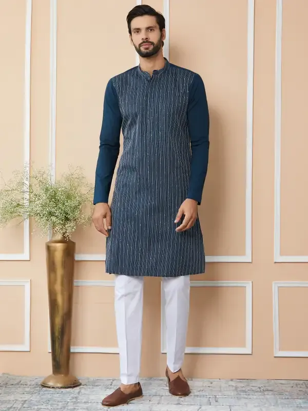Dark_Blue_Thread_&_Sequin_Worked_Pure_Cotton_Straight_Kurta_With_Pyjama