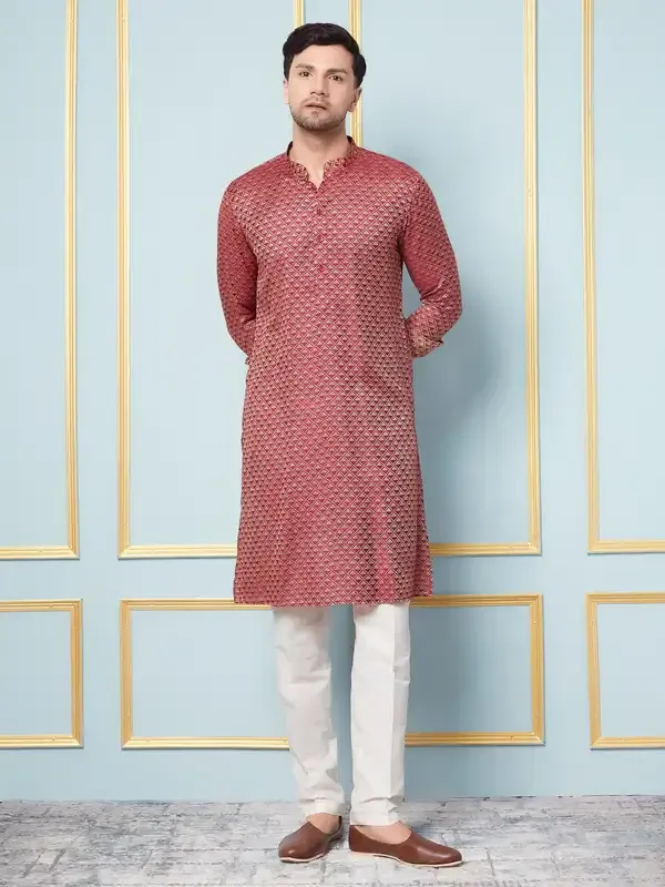 Men_Maroon_&_Gold_Woven_Design_Thread_Work_Kurta_With_Pajama