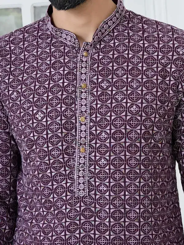Men_Purple-Lavender_Embroidered_Mandarin_Collar_Straight_Kurta_With_Pyjama