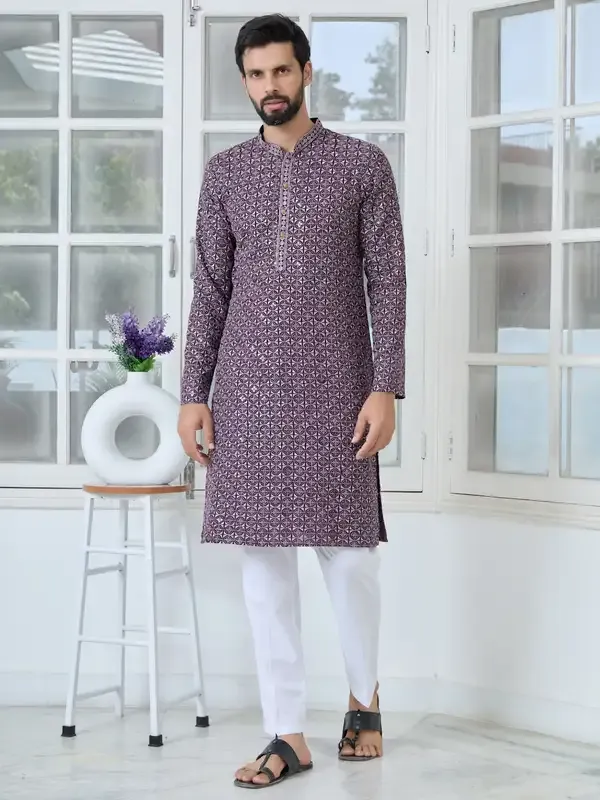 Men_Purple-Lavender_Embroidered_Mandarin_Collar_Straight_Kurta_With_Pyjama