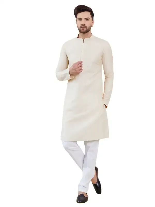 Men_Cream_Cotton_Solid_Straight_Kurta_With_Pyjama