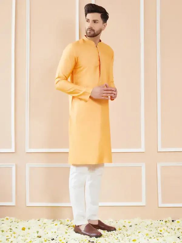 Peach_Orange_Chanderi_Silk_Straight_Kurta_With_Embroidered_Neckline_&_Pyjama