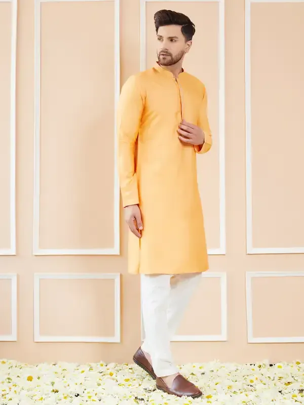 Peach_Orange_Chanderi_Silk_Straight_Kurta_With_Embroidered_Neckline_&_Pyjama