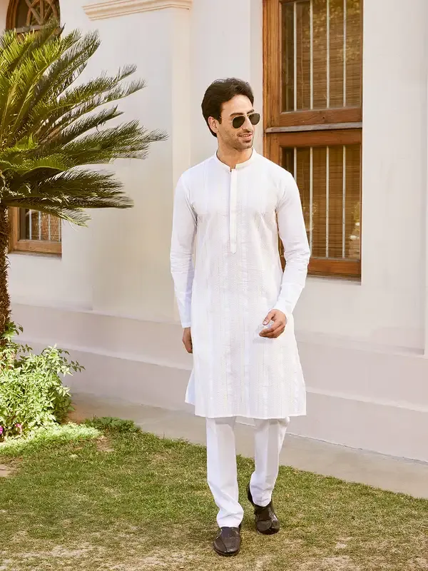 Men_White_Cotton_Pintex_Design_Multi_Thread_Work_Kurta_With_Pyjama