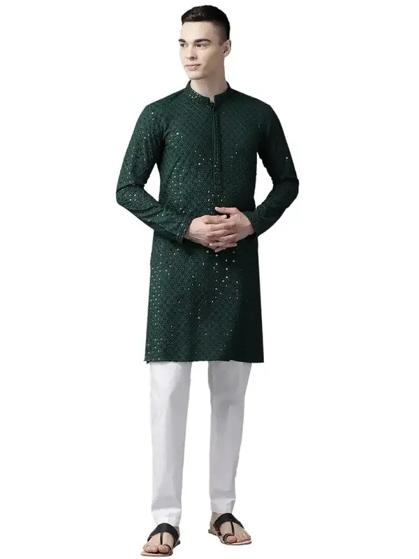 Men_Green_Floral_Embroidered_Sequined_Rayon_Kurta_With_Pyjama