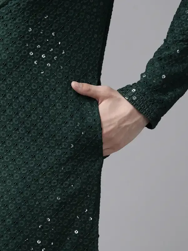 Men_Green_Floral_Embroidered_Sequined_Rayon_Kurta_With_Pyjama
