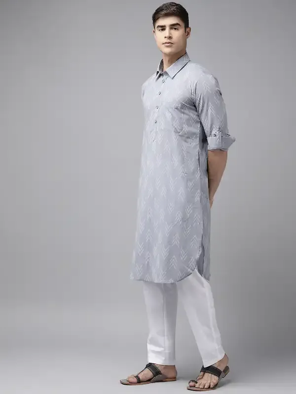 Men_Light_Grey_Regular_Pure_Cotton_Pathani_Printed_Men'S_Kurta_With_White_Salwar