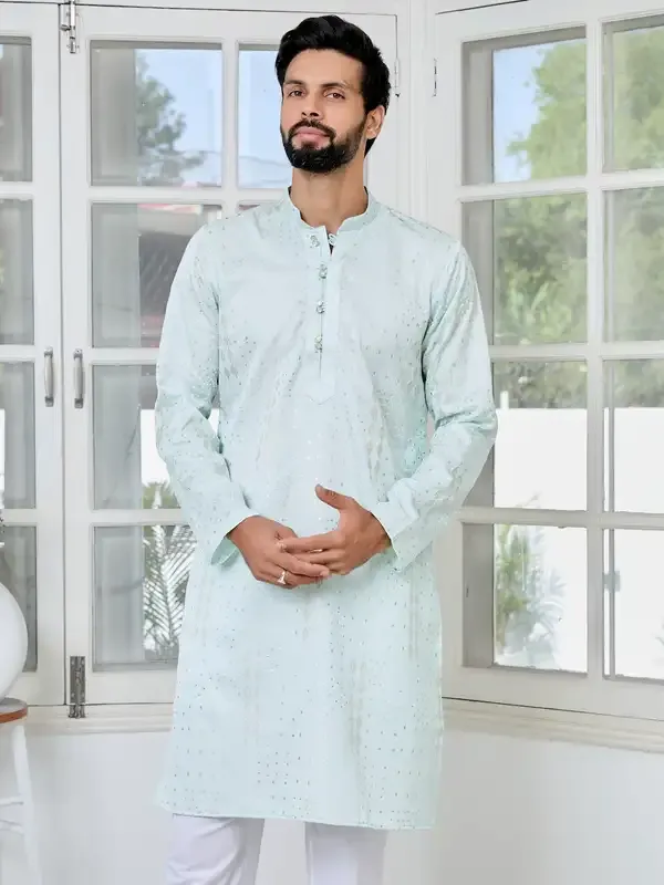 Sea_Green_Embossed_Printed_And_Foil_Printed_Straight_Kurta_With_Pyjama