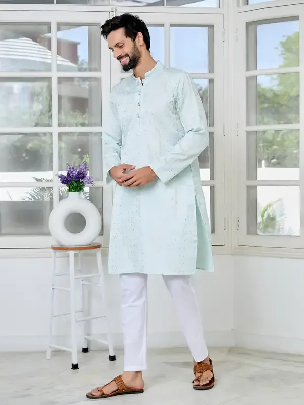 Sea_Green_Embossed_Printed_And_Foil_Printed_Straight_Kurta_With_Pyjama