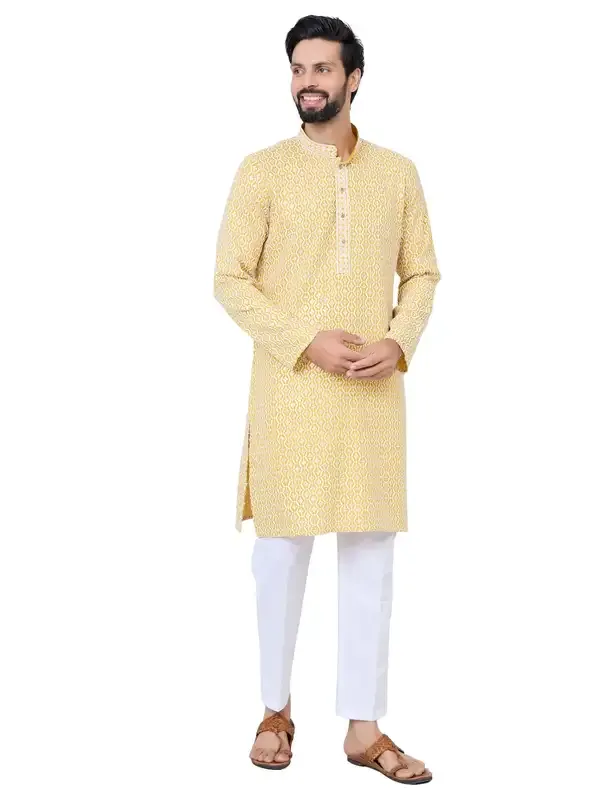 Men'S_Mustard_Embroidered_Thread_Work_Sequinned_Rayon_Straight_Kurta_With_Pyjama