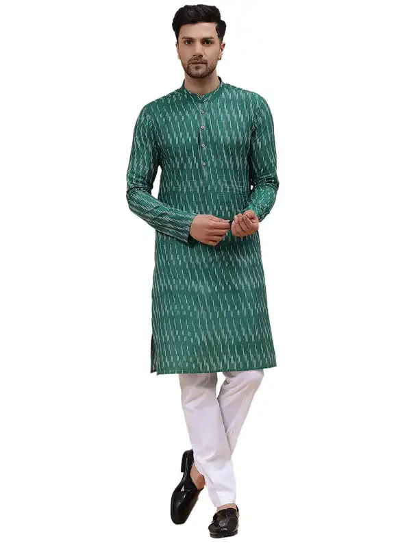 Men_Green_&_White_Pure_Cotton_Printed_Staright_Kurta_With_Pajama