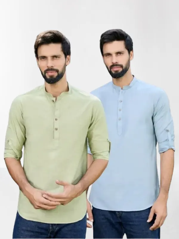 Men_Pack_Of_2_Green_&_Blue_Deluxe_Cotton_Solid_Short_Kurta