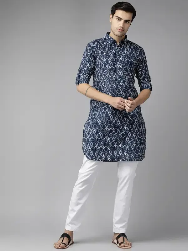 Men_Indigo_Regular_Pure_Cotton_Pathani_Printed_Men'S_Kurta_With_White_Salwar