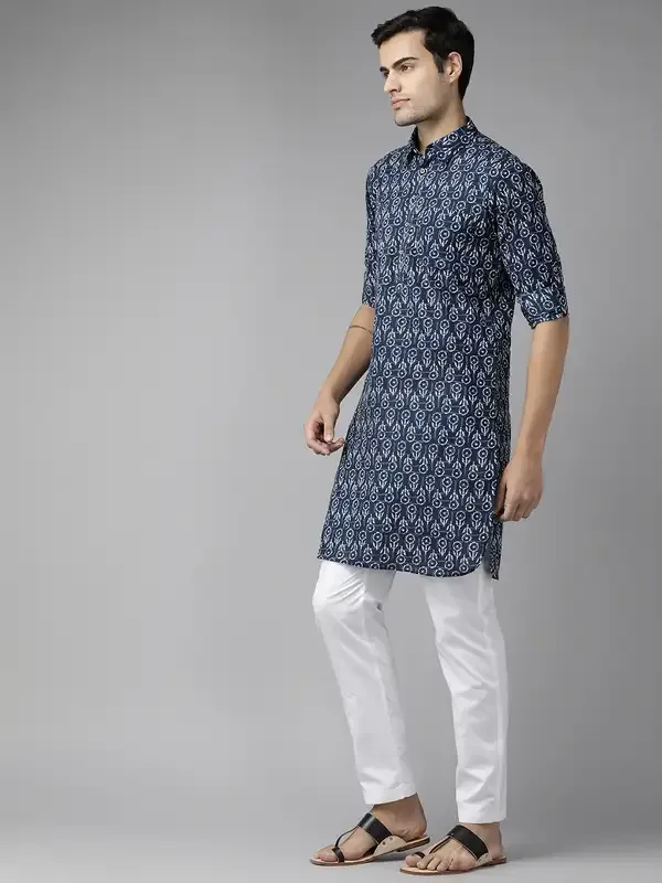 Men_Indigo_Regular_Pure_Cotton_Pathani_Printed_Men'S_Kurta_With_White_Salwar