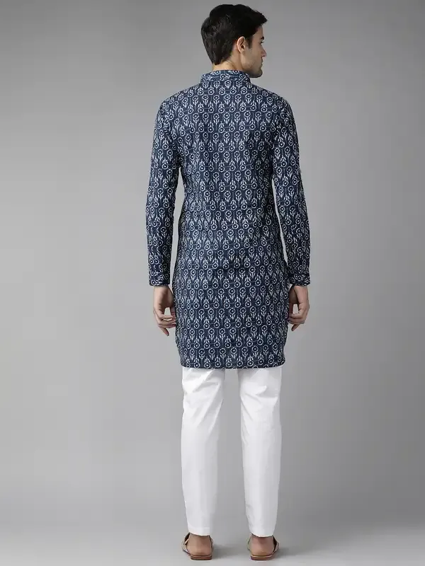 Men_Indigo_Regular_Pure_Cotton_Pathani_Printed_Men'S_Kurta_With_White_Salwar