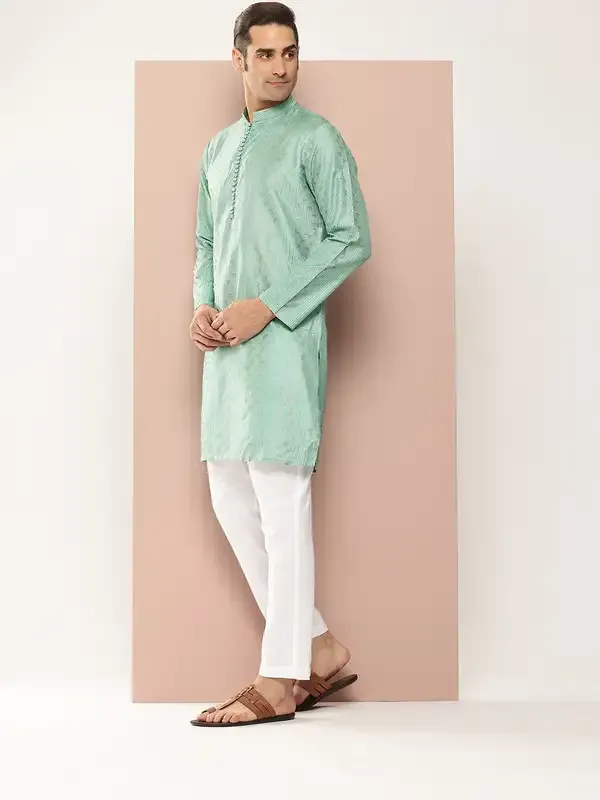 Men_Ice_Green_Embroidered_Thread_Work_Sequinned_Chanderi_Silk_Straight_Kurta_With_Pyjama