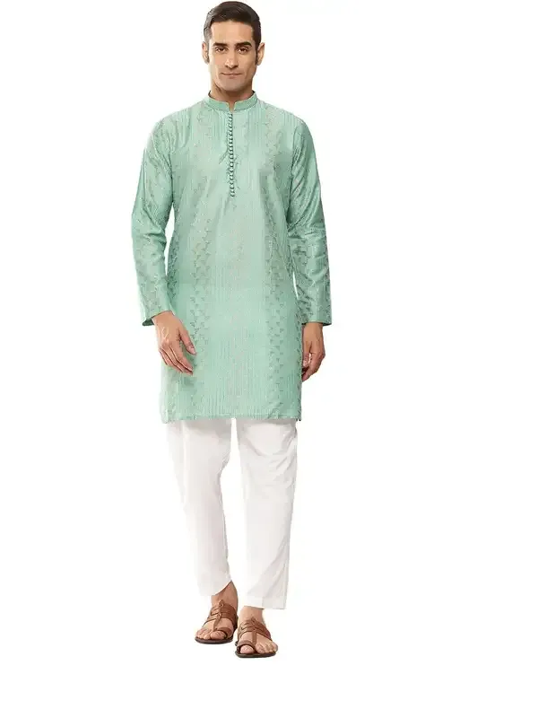 Men_Ice_Green_Embroidered_Thread_Work_Sequinned_Chanderi_Silk_Straight_Kurta_With_Pyjama