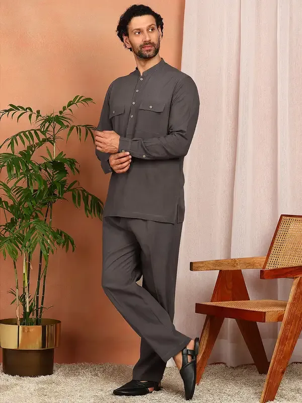 Men'S_Gray_Linen_Solid_Pathani_Set