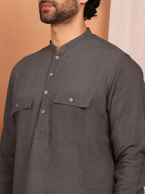 Men'S_Gray_Linen_Solid_Pathani_Set