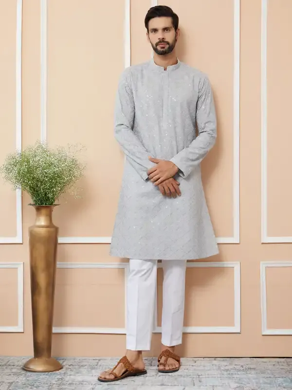 Grey_Sequins_And_Thread_Embroidered_Cotton_Straight_Kurta_With_Pyjama