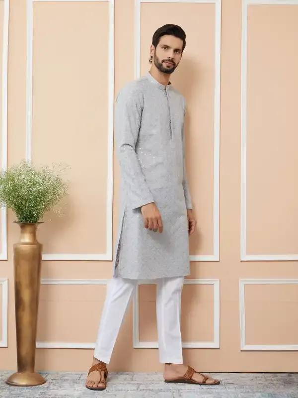 Grey_Sequins_And_Thread_Embroidered_Cotton_Straight_Kurta_With_Pyjama