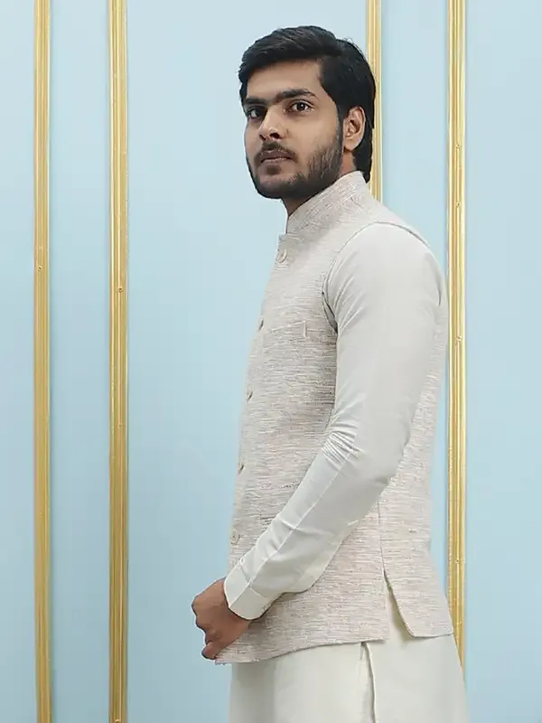 Men_Off_White_Kurta_Pajama_And_Cream_Color_Solid_Khadi_Nehru_Jacket