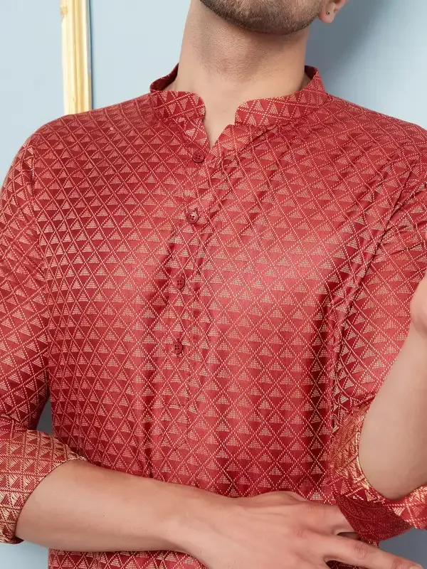 Men_Red_&_Gold_Woven_Design_Thread_Work_Kurta_With_Pajama
