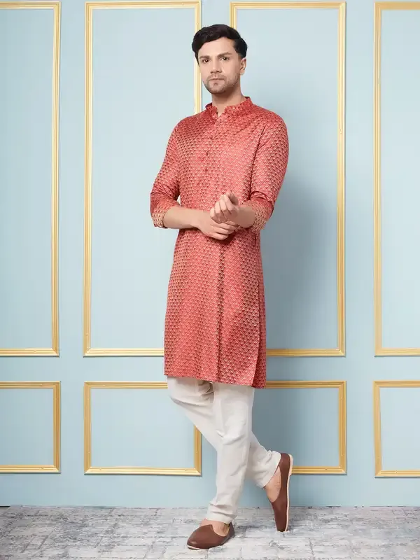 Men_Red_&_Gold_Woven_Design_Thread_Work_Kurta_With_Pajama
