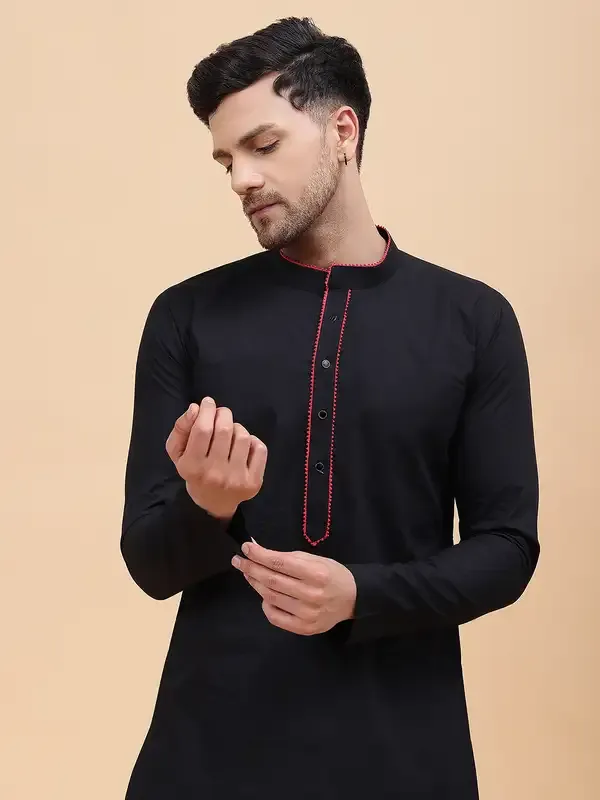 Men_Black_&_Red_Pure_Cotton_Embroidered_Staright_Kurta_With_Pajama